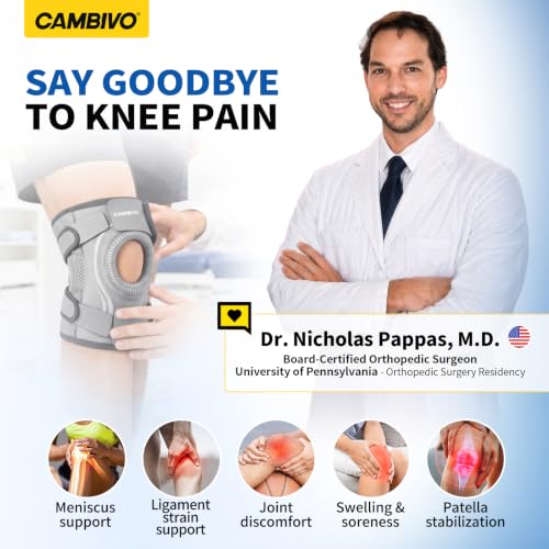 CAMBIVO Knee Brace with Side Stabilizers & Gel Pad, Open Patella Adjustable - color: Gray, size: Medium