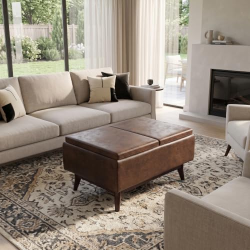 SIMPLIHOME Owen 34" Wide Vegan Leather Tray Top Ottoman in Chestnut Brown - color: Distressed Chestnut Brown