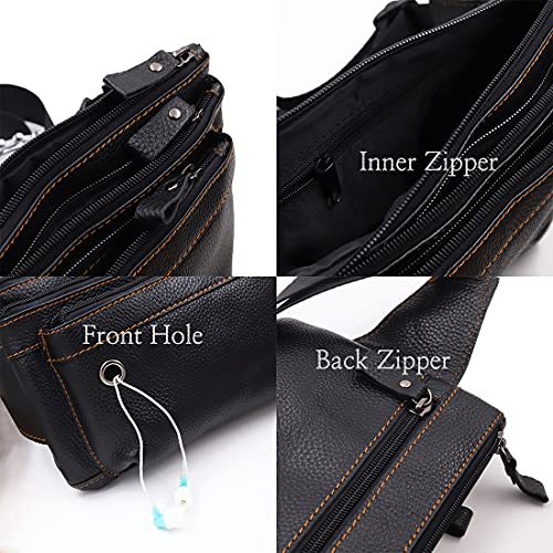 Triple Pocket fanny pack Genuine Leather waist slim sling bag Hip Purse Adjustable Belt strap Casual Pouch Outdoor Day bag (Hole Black) - color: Hole Black