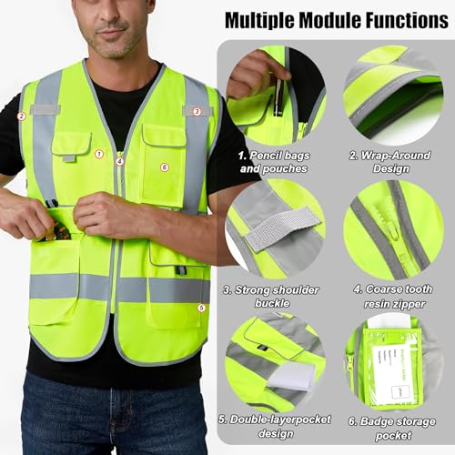 HYCOPROT High Visibility Safety Vest Hi Vis Reflective Construction Vests with Pockets for Men Women,Meets ANSI/ISEA Standard - color: Yellow, size: XX-Large