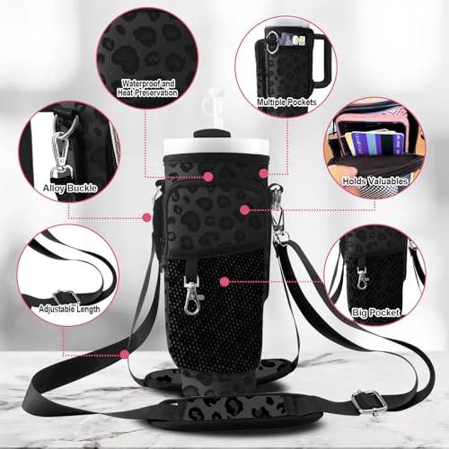 Stanley Carrier Bag for Stanley 40oz/30ozTumbler with Phone with 2 Adjustable Strap,3 Pockets Bottle Stanley Cup Carrier Bag & Case,Accessories for Hiking Travelling - color: Leopard Print Black