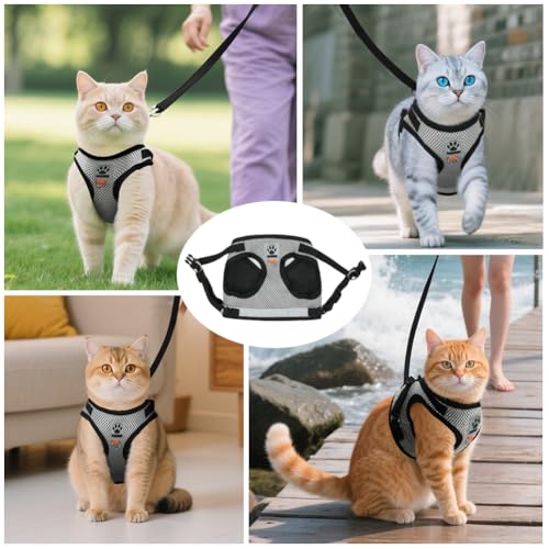 Cat Harness and Leash Escape Proof, Adjustable Kitten Harness and Leash Set for Cats Walking, Step-in Soft Breathable Mesh Vest with Reflective Strips, Lightweight Retractable Dog Leashes 16 Ft - color: Gray Black Harness+Leash, size: Harness-M