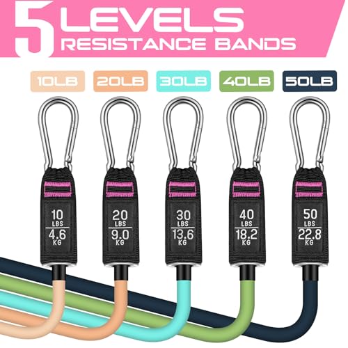Resistance Bands with Handles, 5 Level Exercise Bands, 150LBS Workout Bands - color: ‎Light yellow, Khaki, Blue, Green, Navy blue
