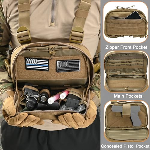 Chest Rig with Concealed Pistol Holster, Chest Bag for Men,Molle EDC Tactical Vest Chest Pack for Running Outdoor - color: Tan