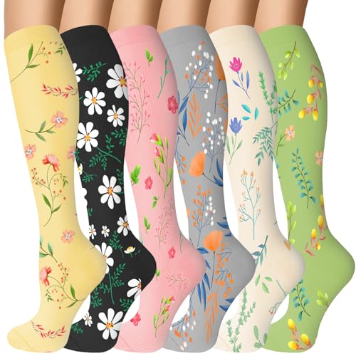 6 Pairs 20-30 mmHg Knee High Compression Socks, Unisex, Running, Travel - color: A-wflower, size: Small-Medium