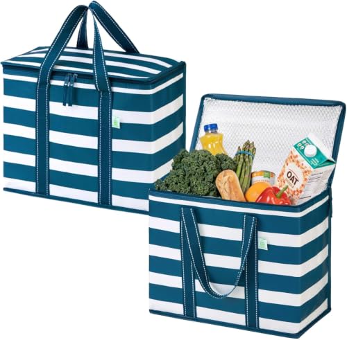 VENO 2 Pack Insulated Grocery Bags, Hard Bottom, Classic Navy Stripe - color: Classic Navy Stripe, size: 15.7"W x 12.6"H x 8.7"D - 2 Pack