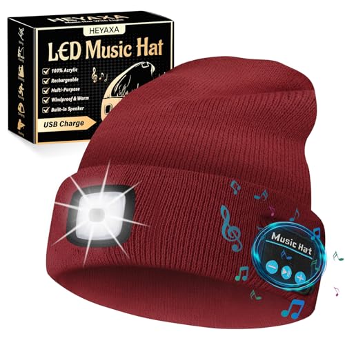 HEYAXA Bluetooth Beanie Hat, USB Rechargeable 4 LED Wireless Music Running Headlamp Cap, Dad Gifts for Husband, Dad, Birthday Gifts for Men, Dad, Father, Women, Him, Her, Red - color: Red