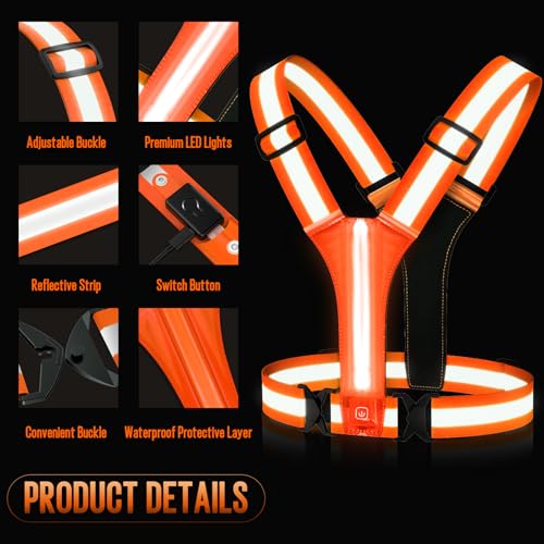 LED Reflective Vest Running Gear, Light Up Running Vest Rechargeable, Night Safety Gear for Walking Running Cycling - color: Orange
