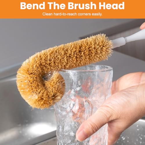 1Pcs Coconut Fibre Brush with Natural Wooden Handle Hangable Kitchen Multifunction Brush Cup Brush Washing Brush for Glass Feeding Bottle Wine Bottle