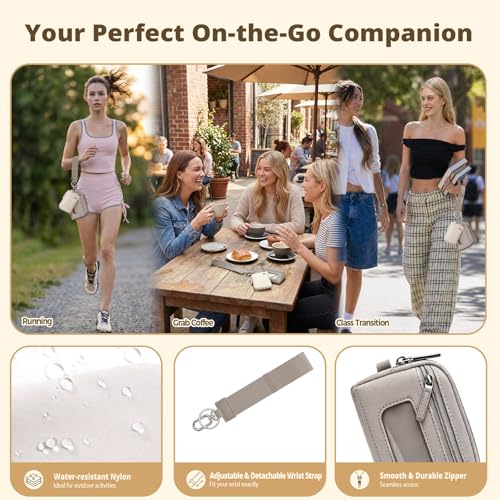 Dual Pouch Wristlet Keychain Wallet for Women, Coin Purse with RFID Blocking, Nylon Phone Wallet & Card Holder - color: Creamy Beige+Warm Taupe