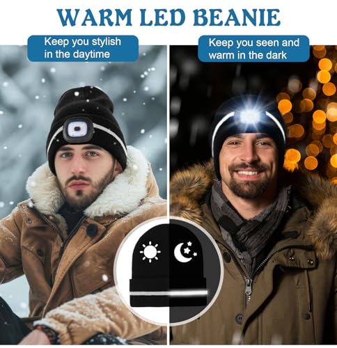 MELASA Reflective Stripe Beanie with the Light, Warm Hat with Light Outdoor - color: Bright Yellow