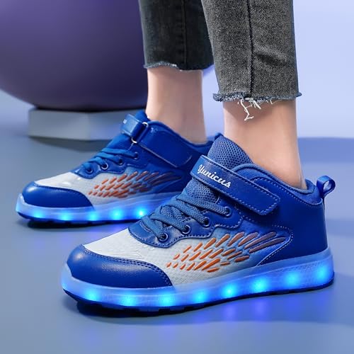 Kids Light up Shoes LED USB Charging Flashing High-top Wings Sneakers Boys Girls Trainers for Festivals Halloween Christmas New Year Party Great Gift - color: Blue White, size: 13.5 Little Kid