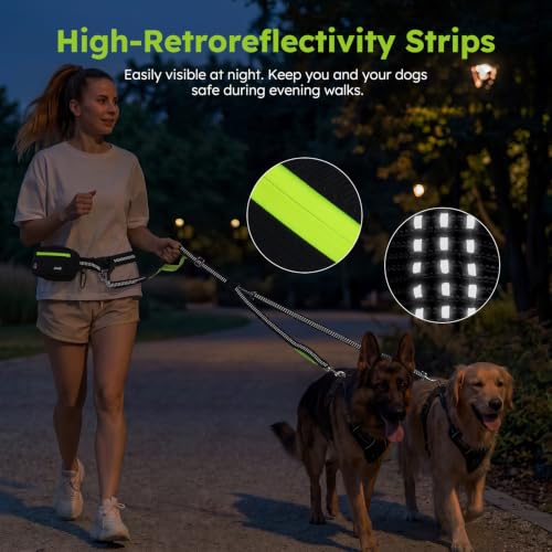 Pecute Hands Free Dog Leash for 2 Dogs, Waist Belt with Pouch, No Tangle - color: Black-2 dogs, size: S(11-33lbs)