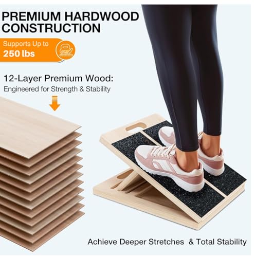 Professional Wooden Slant Board for Calf Stretching, Portable & 360° Balance Board, Adjustable 5–6 Angle Calf Stretcher with Carry Handle, Non-Slip 300LBS Physical Therapy Board for Knees