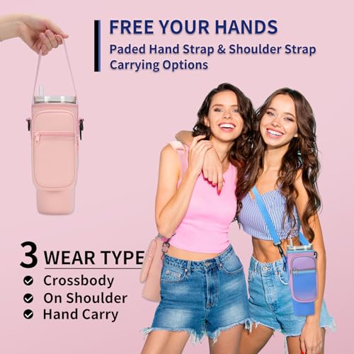 GOEWY Water Bottle Carrier Bag for Stanley Cup 40/30oz with Phone Pockets - color: Light Pink, size: 30oz
