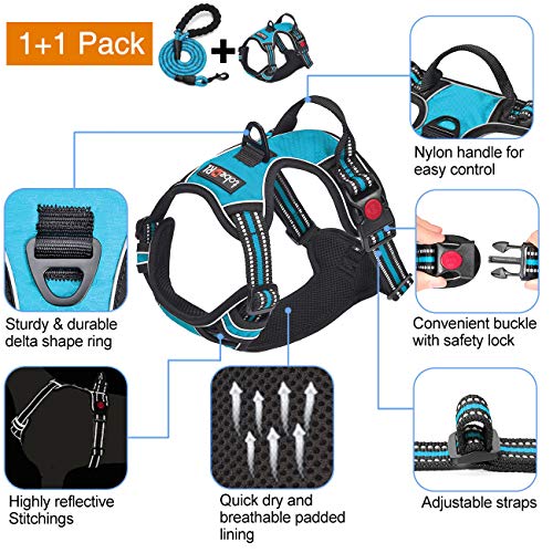 tobeDRI No Pull Dog Harness Adjustable Reflective Oxford Easy Control Medium Large Dog Harness with A Free Heavy Duty 5ft Dog Leash, Blue, L - color: Blue, size: Large