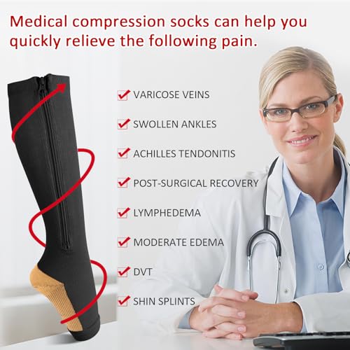 Ailaka Medical 15-20 mmHg Zipper Compression Socks for Women Men, 3 Pairs - color: Black Copper, size: Large/X-Large (3 Pair)