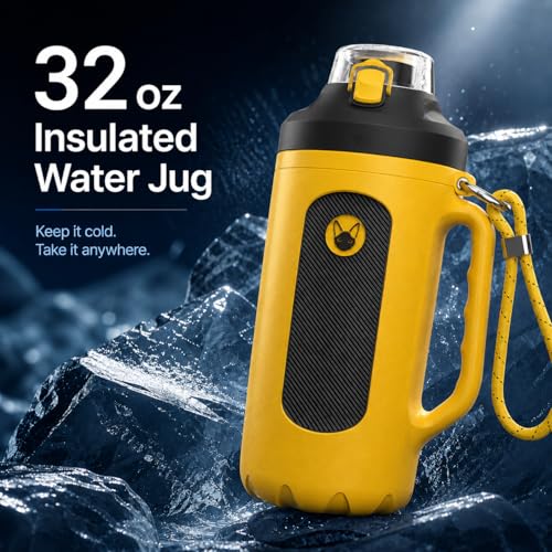 32oz Insulated Water Bottle Multi-Function Sports Jug with Handle & Magnetic Blender - Leak Resistant for Baseball Football Gym & Outdoor Activities (Vibrant Yellow & Carbon Black) - color: Vibrant Yellow & Carbon Black