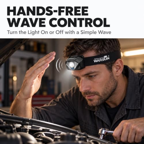 WARSUN Rechargeable Headlamp, Adjustable LED Head Light with Motion Sensor