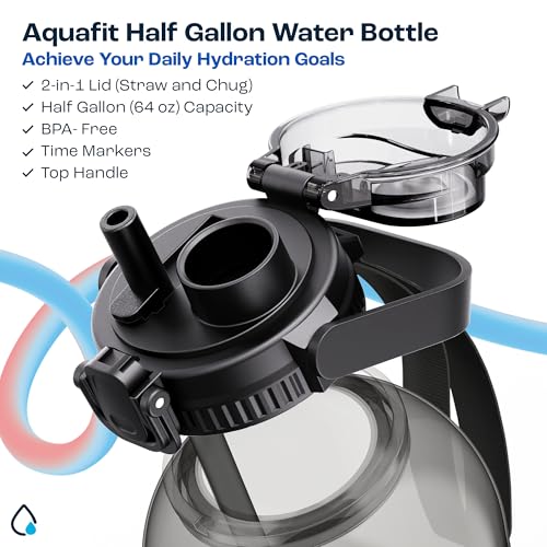 AQUAFIT 64 oz Water Bottle with Handle, 2in1 Lid - color: Gray