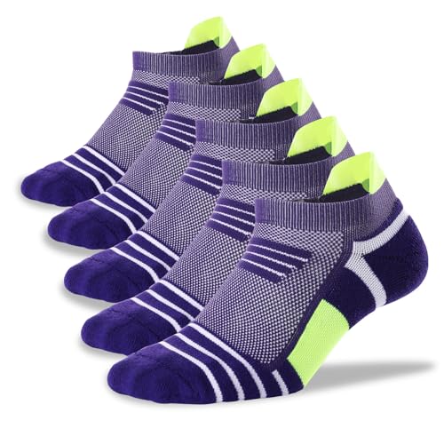 Kodal Copper-Infused Ankle Compression Running Socks Cushioned Perfect Fit - color: Purple/Yellow-5 Pairs, size: Medium-10