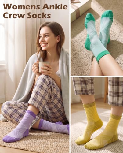 Womens Compression Ankle Crew Socks, Breathable Cushioned Socks - color: Blue Purple Pink Yellow Green, size: 6-9