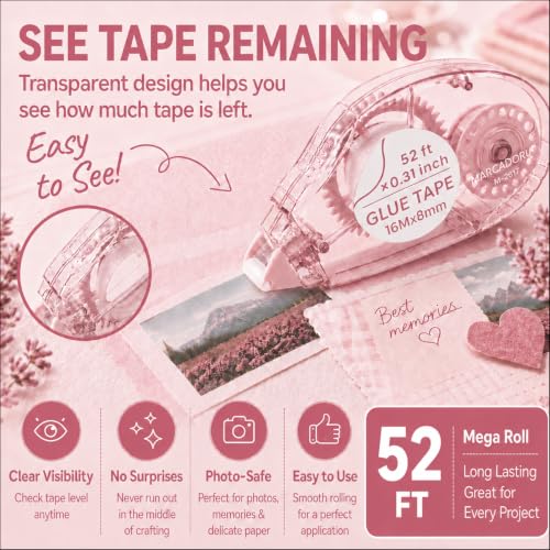 MARCADORUS Double Sided Tape Roller, Scrapbook Glue Tape 6 Pack, Extra-Long - size: 52.5 Ft x 0.31 In : 6 Pack