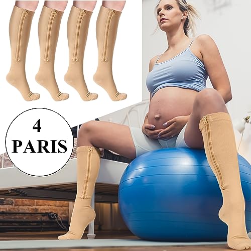 Tarpop 4 Pair Zipper Compression Socks for Women Men - color: Nude, size: L/ XL
