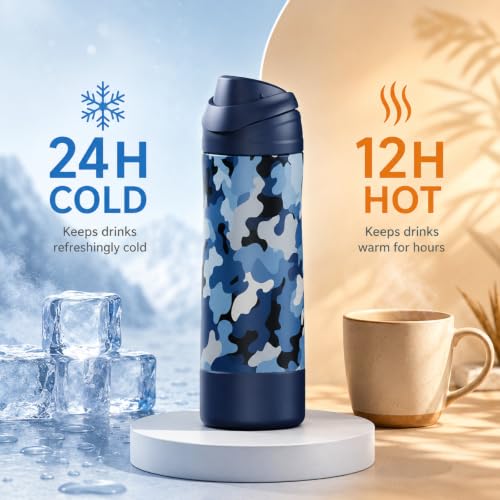 FJbottle Insulated Stainless Steel Sports Water Bottle with Handle - color: Navy Camouflage, size: 24 Ounces