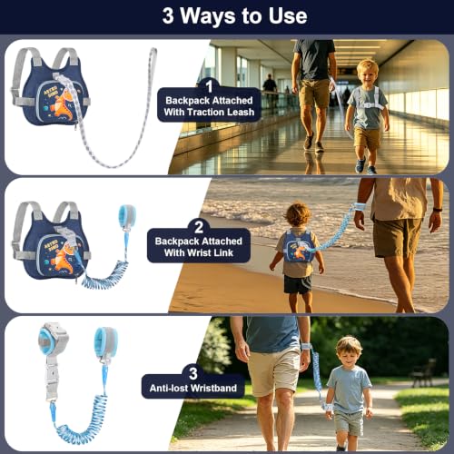 Toddler Leash Anti Lost Wrist Link, Accmor Baby Walking Safty Harness Leash - color: Navy Blue/Dinosaurs & Planet