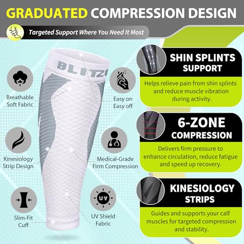 BLITZU Calf Compression Sleeves, Footless Compression Socks for Men & Women - color: White, size: Small/Medium