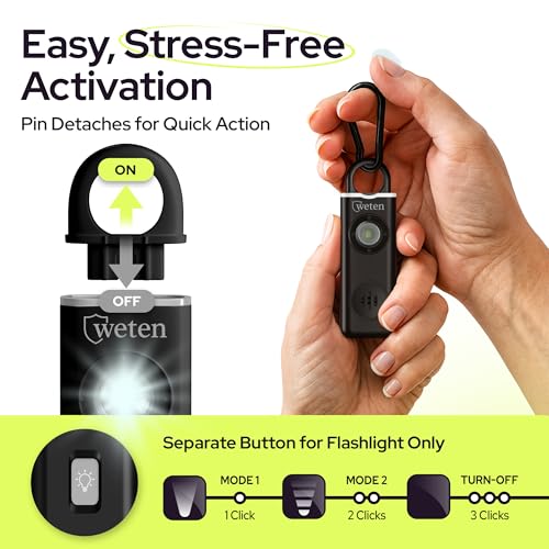 Rechargeable Personal Safety Alarm Keychain, 130dB, USB-C Charging, Black - color: Black