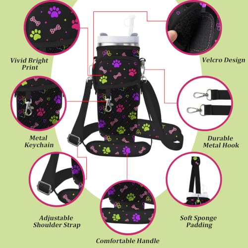 Water Bottle Carrier Bag for Stanley 40/30oz Cup Tumbler with Phone Pocket,Insulated Crossbody Water Bottle Holder with Adjustable Strap,Water Bottle Sling Pouch for Hiking Walking Camping Accessories - color: Neon Dog Paw Leopard Bone