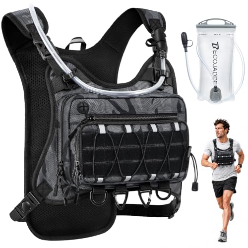 BECOJADDE Running Vest for Men with 2L Water Bladder Tactical Hydration Backpack Adjustable Lightweight Chest Pack for Marathon Hunting Cycling - color: Urban Camo