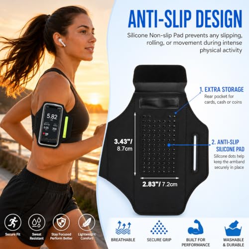 Running Phone Armband with Green Zipper Pocket, Armband Phone Holder