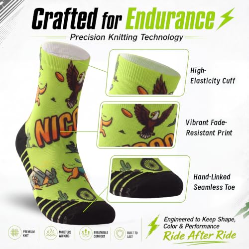 NIcool Cycling Socks For Men, 1/3 Pairs Bright Seamless Compression Running Crew Socks Youth Cushioned Tennis Quarter Socks - color: 1 Pair Neon Green/Dog Print