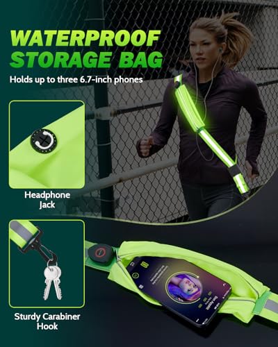Fitense LED Reflective Belt Sash - 5 Lights Colors & 3 Light Modes High Visibility Night Safety Belt, Rechargeable Light Up Running Gear Adjustable Vest Straps for Runners Walkers Men Women - color: Green, style: Pouch