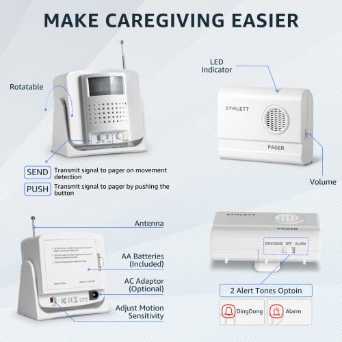 Wireless Caregiver Alert System with 2 Call Buttons and Motion Sensor - size: 1 Motion Sensor +1 Pager + 2 Call Buttons