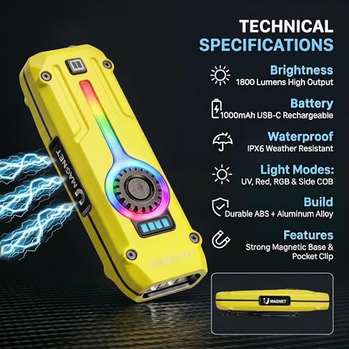 HAUSBELL Flat EDC Flashlight 1800LM Turbo, 0.6" Ultra-Slim Pocket Light with Stepless Dimming Dial, Magnetic Base, 365nm UV & Red Laser, Side-COB Flood, USB-C Fast Charge, IP44 Weatherproof - color: Yellow