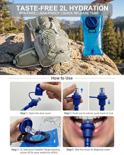 VPBAGE Hydration Backpack with 2L Bladder – Thermal Insulated Water Pack for Hiking, Skiing, Running – Lightweight Daypack for Men & Women, Soft-Lined Sunglasses Pocket & Large Waist Pockets - color: Light Gray
