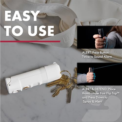 Sabre 2-in-1 Pepper Spray with 130dB Personal Alarm, Alert and Defend with One Press, Fast Flip Top Safety with Finger Grip and Tuck-Away Keyring, Maximum Strength, UV Marking Dye - color: Cream