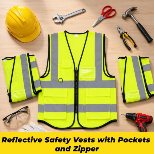 Tlence 10 Pack Reflective Safety Vests with Pockets and Zipper, High Visibility Mesh Security Vest, Construction Vests - size: Large