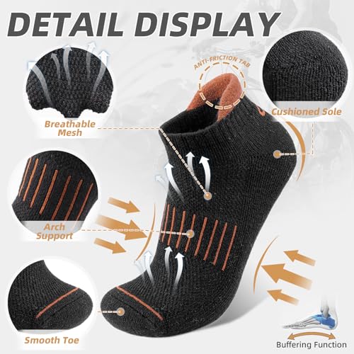 Lapulas Merino Wool Ankle Socks for Men Women, Hiking Running, 6 Pairs - color: Black, size: Large
