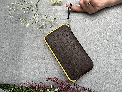 OneJoy Neoprene Phone Pouch, Lightweight Protective Cellphone Sleeve with Large Zipper Opening, Inner Pocket, Thermal Insulated, Durable Cell Phone Carrier for iPhone & Smartphones [ Brown ] - color: BrownYellow