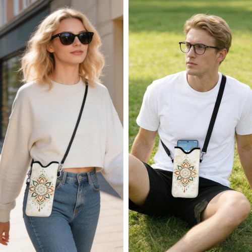 GLOBLELAND Pattern Cell Phone Sleeve Pouch Case Bag with Crossbody Strap Neck Lanyard for Women Men - color: Bohemian Lotus