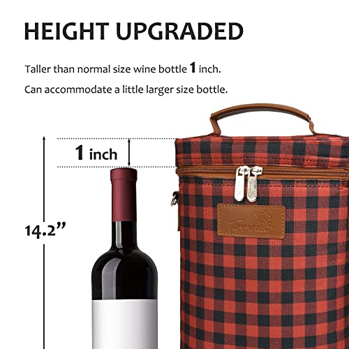 Tirrinia 2 Bottle Insulated Wine Tote Carrier Bag - color: Red Checker, size: 2 Bottle-without front pocket