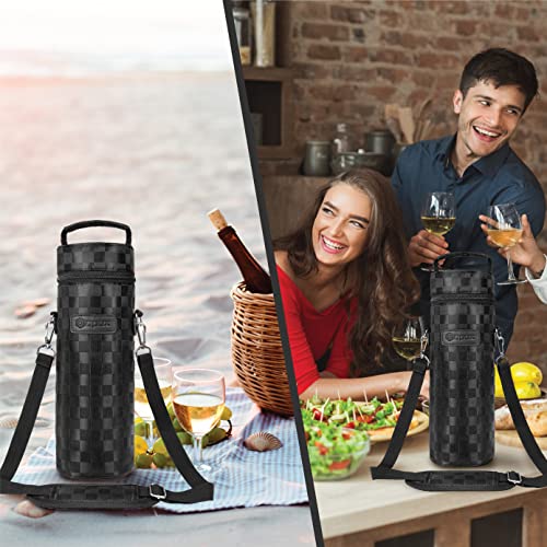 opux Single Bottle Wine Bag Carrier, Insulated Cooler Tote, Black Squares - color: Black Square