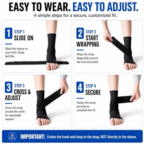 ABIRAM Ankle Brace Compression Sleeve with Adjustable Support Strap - color: Black, size: Medium