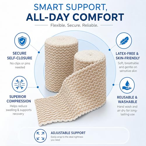 4" Elastic Bandage Wrap with Self-Closure, 2-Pack – 15 ft Stretched – Latex-Free, Reusable, Washable – Compression Support for Sprains, Injuries, Swelling, Sports Recovery - size: 4"