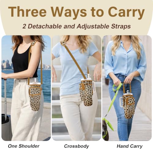 Water Bottle Carrier Bag for Stanley Cup 40/30oz, Neoprene Water Bottle Holder Pouch with 3 Pocket Adjustable Shoulder & Hand Strap - color: Ombre Brown Leopard